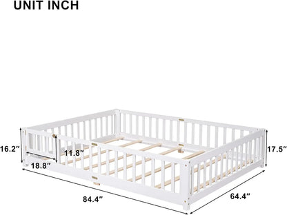 Queen Size Floor Bed Frame for Toddler Wood Montessori Beds with Fence Railings Kids, Fun Toddlers Boys Girls, White