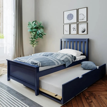 Cama individual, estructura de madera con cabecero para niños con cama nido, listones, color azul