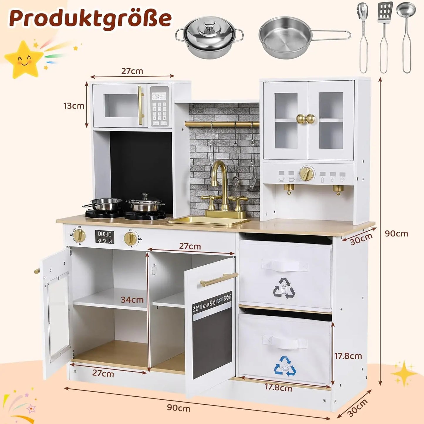 Cuisine de jeu pour tout-petits Ensemble de cuisine pour enfants Jouets de cuisine en bois avec effets lumineux et sonores simulés H 90 cm