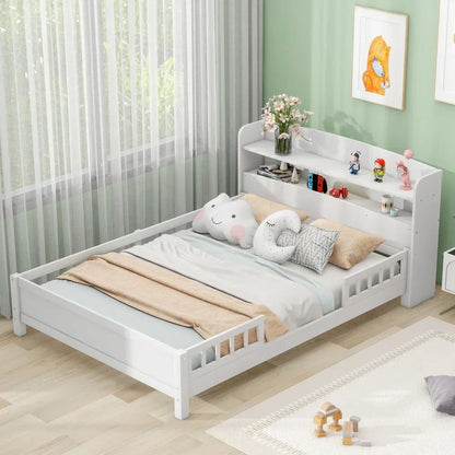 Cama de plataforma de madera de tamaño completo con luz LED incorporada, cabecero de almacenamiento, barandilla, literas blancas para niños, literas para niñas