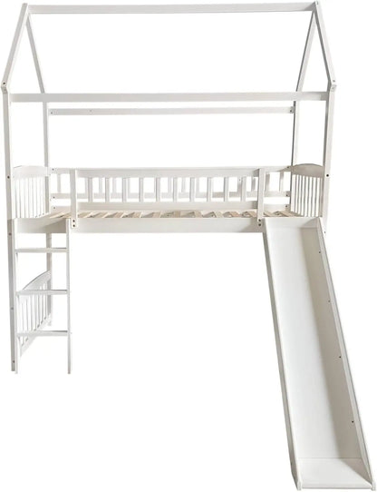 Lit mezzanine double avec toboggan et échelle, cadre de lit en bois de pin massif en forme de maison avec garde-corps de sécurité pour enfants, adolescents, filles,