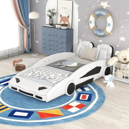 Cama de coche de tamaño doble, plataforma con forma de coche de carreras, estructura de madera con ruedas y soporte de listones en ambos lados, muebles de cama para niños