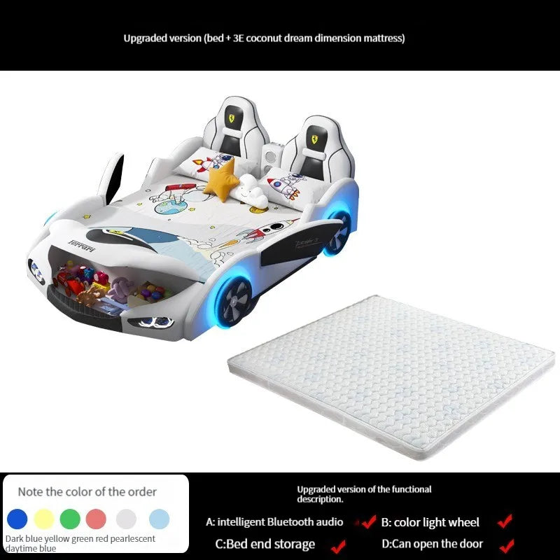 Cama infantil multifuncional con forma de coche para niños, marco de madera, dormitorio, cama versátil con dibujos animados y estilo con 2 mesitas de noche