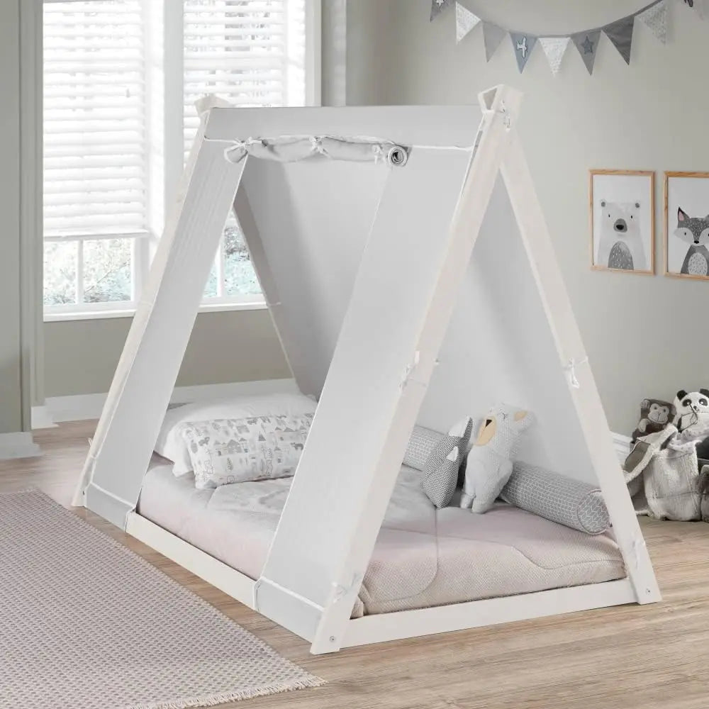 Nueva cama de piso con dos camas individuales en forma de carpa: estructura natural o blanca, carpa gris, muebles para dormitorio infantil... (estructura blanca)