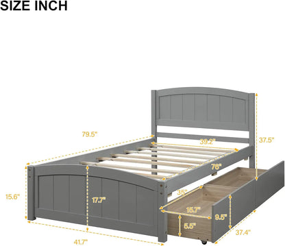 Lit plateforme double en bois massif avec tiroirs et rangement Cadre de lit en bois avec tête de lit pour enfants et adolescents