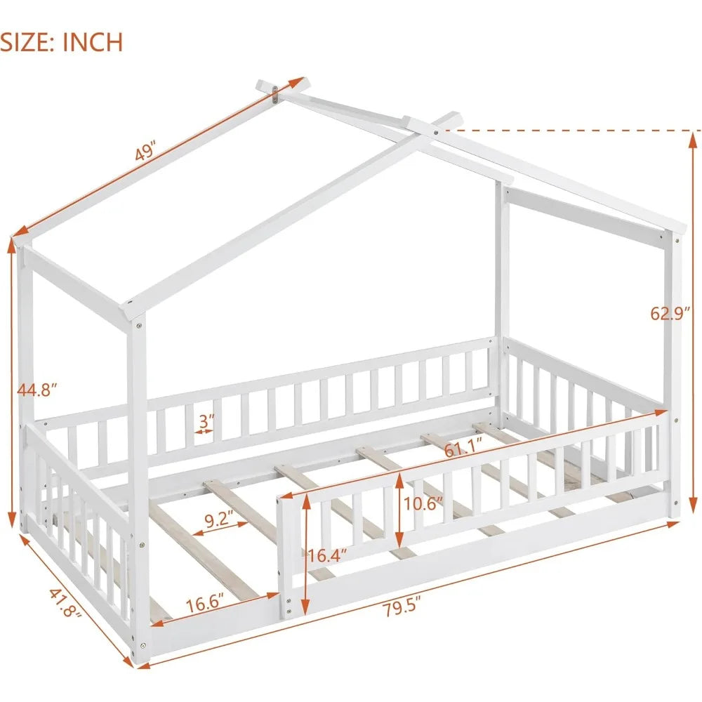 Twin Size Montessori Floor Bed, Wood House Bed Frame, House Floor Bed for Kids, Montessori Floor Bed with Fence