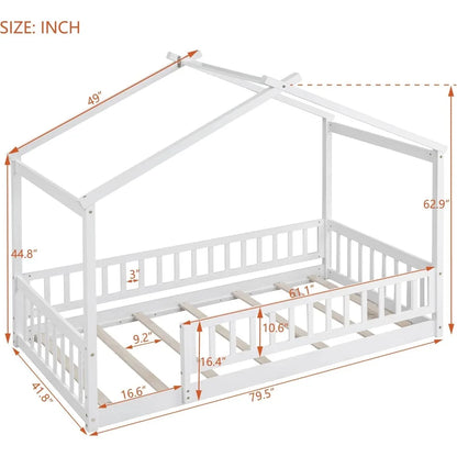 Twin Size Montessori Floor Bed, Wood House Bed Frame, House Floor Bed for Kids, Montessori Floor Bed with Fence