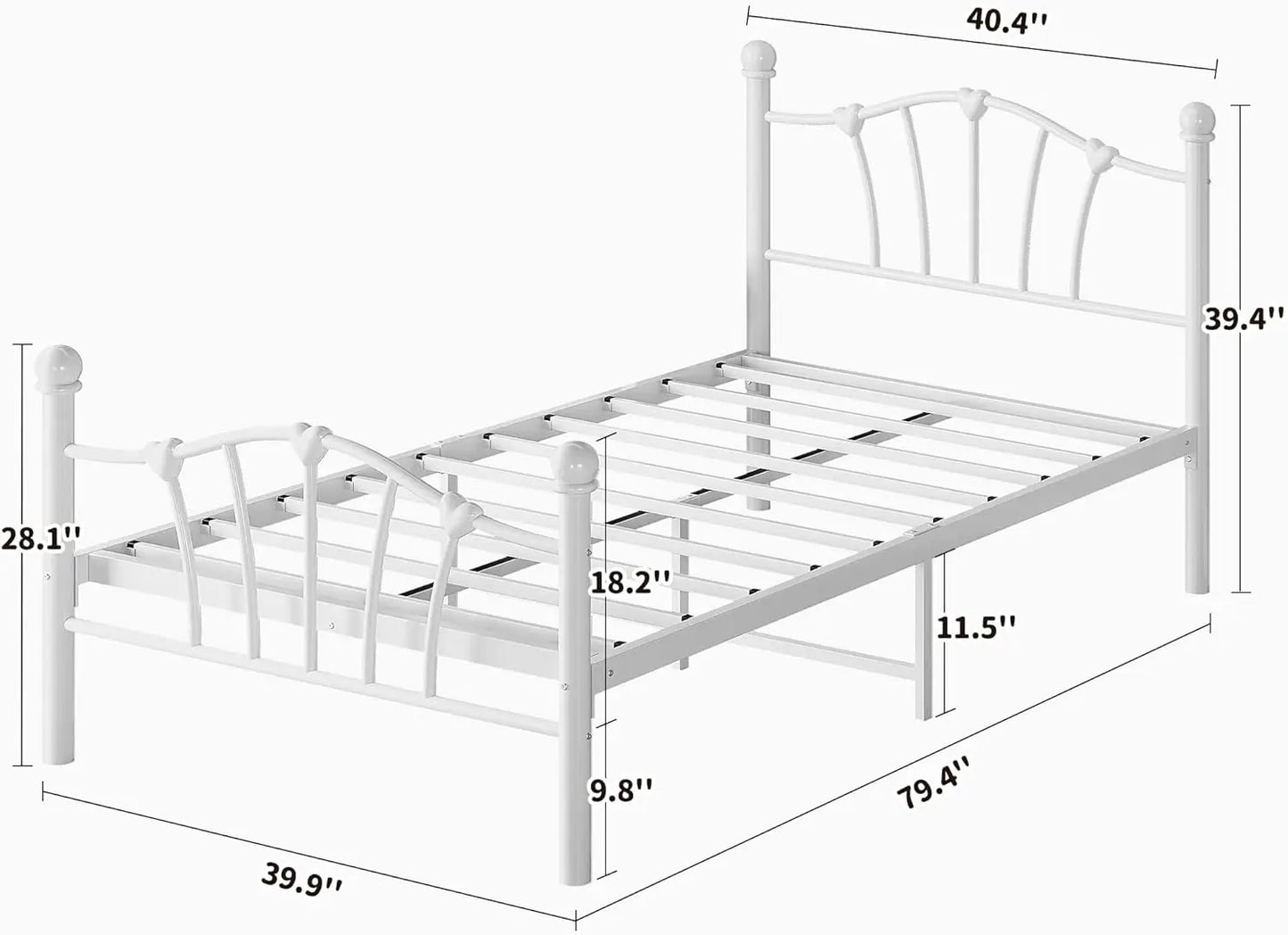 Cadre de lit double pour enfants Cadre de lit double avec tête de lit et panneau arrière en forme de cœur Support à lattes en métal lourd Blanc silencieux