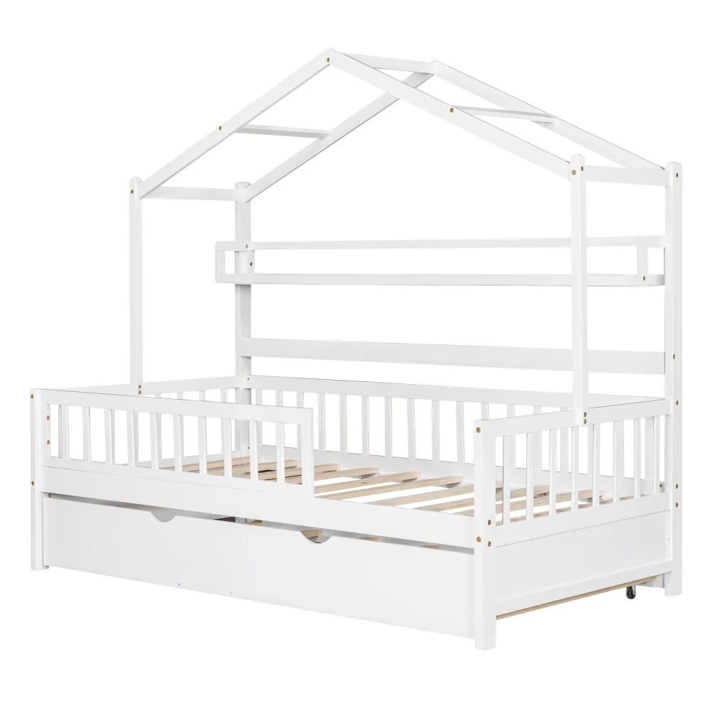 Lit double en bois avec lit gigogne, lit pour enfants avec étagère Un meilleur environnement de sommeil Gain de place Qualité supérieure