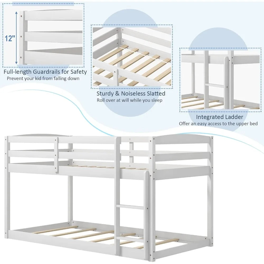 Litera baja doble, estructura de litera con barandillas completas y escalera integrada, literas dobles en el piso para niños y niñas