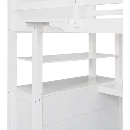 Twin Size Loft Bed with Desk and Dresser, Wooden Bed with Storage Drawers and Shelves for Kids Teens,No Box Spring Needed,White