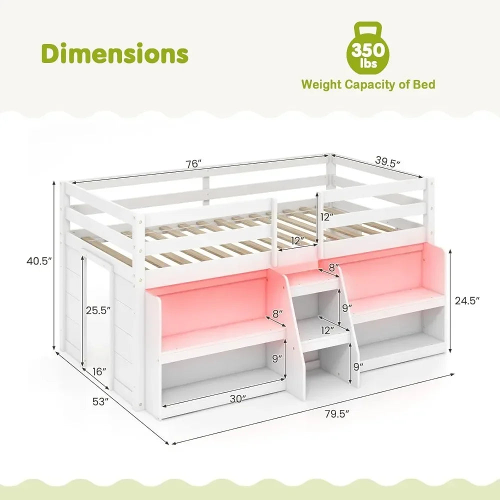 Lit mezzanine avec lumières LED, escaliers et garde-corps de sécurité, bibliothèque de rangement et espace de jeu sous le lit, lit mezzanine simple