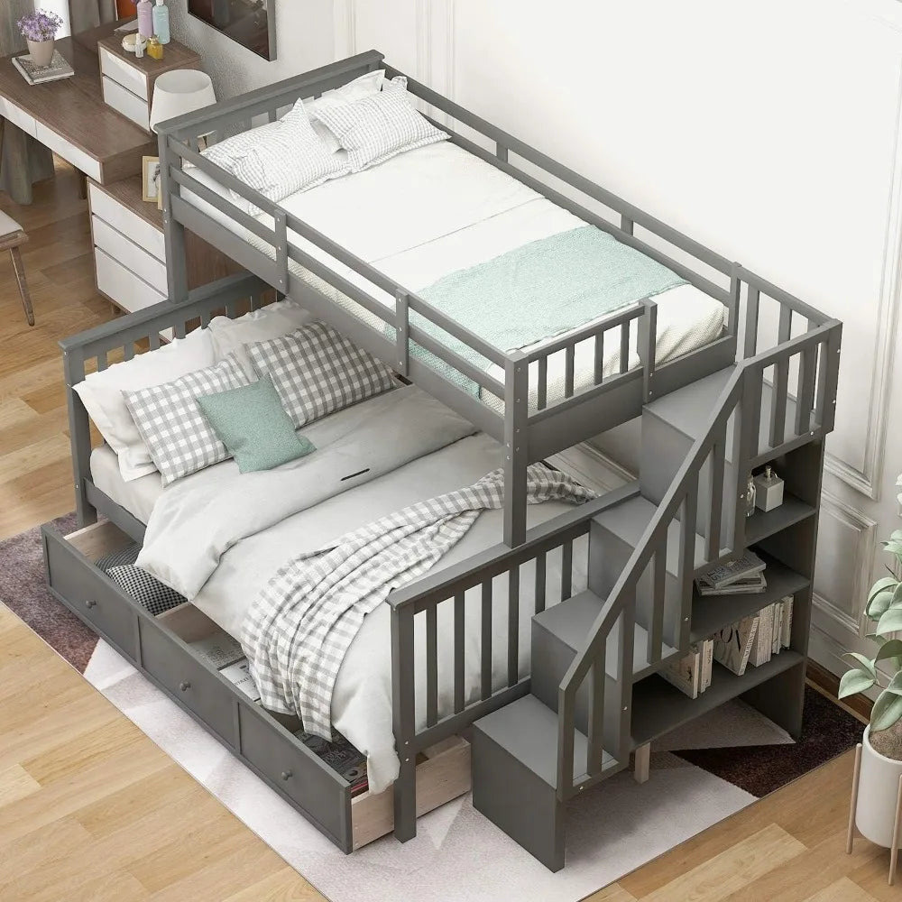 Litera doble sobre cama matrimonial con escaleras y cajones de almacenamiento, estructura de litera con escalera de madera noble para niños, adolescentes y adultos, dormitorio, dormitorio