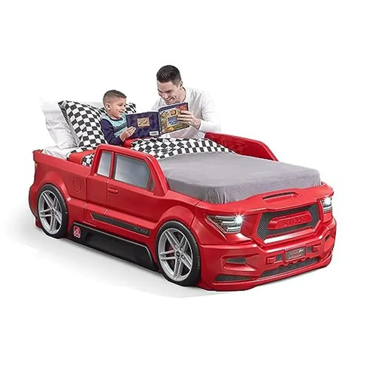 Twin Size Turbocharged Truck Car Bed with Working Headlights & Built-In Storage Boys & Girls Pretend Play Area Realistic Design