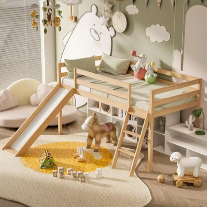 Cama alta baja con tobogán, escalera de escalada intercambiable y espacio de almacenamiento para niños pequeños, estructura de cama alta de madera para dos personas