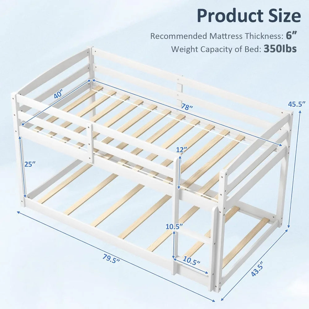 Litera baja doble, estructura de litera con barandillas completas y escalera integrada, literas dobles en el piso para niños y niñas