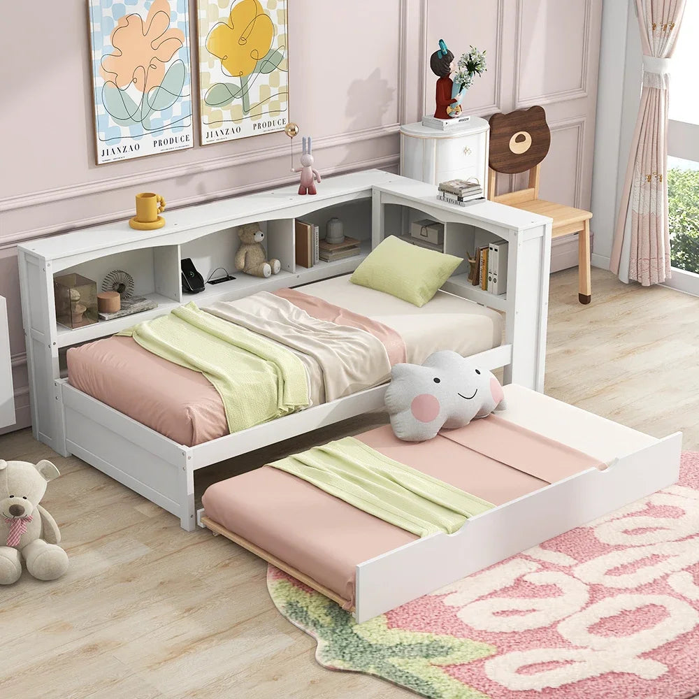 Twin Size Daybed with Trundle, Storage Cabinets and USB Ports,White Bunk Beds for Kids Bed for Boys Toddler Bed Camas Para Niñas