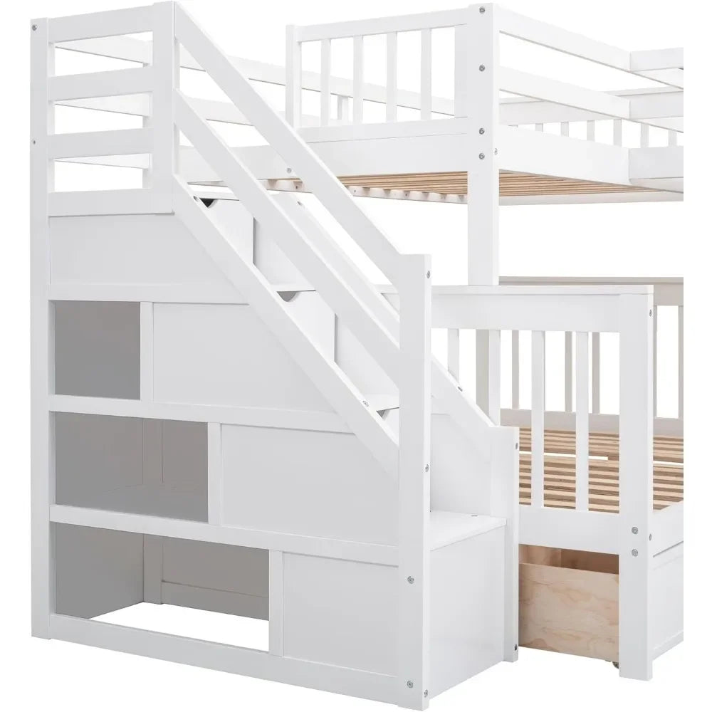 Lit superposé Twin-TwinOverFull en L avec bureau, lit triple pour enfants avec armoireLit superposé en bois avec 3 tiroirs et échelles pour enfants