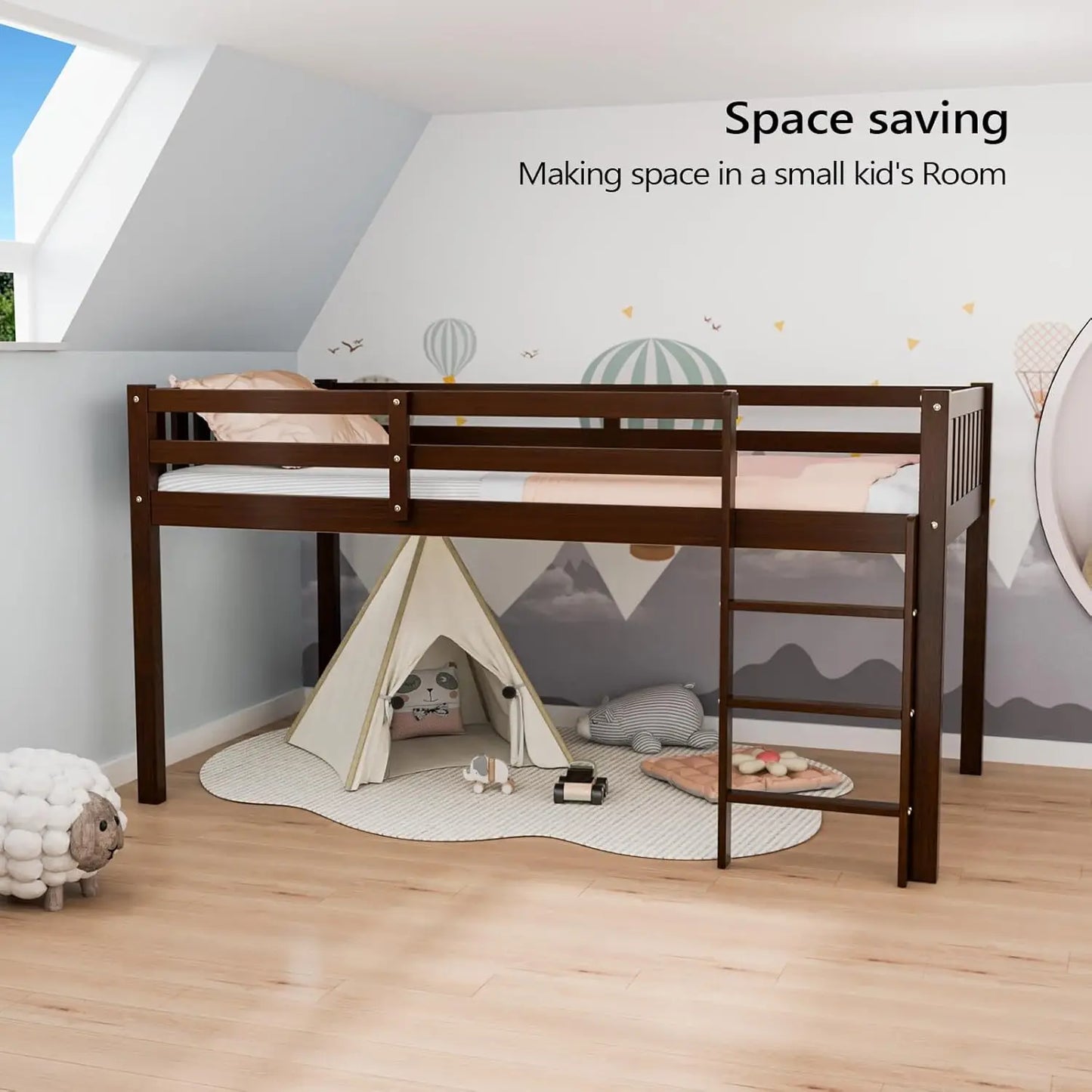 Cama baja tipo loft de tamaño doble con escaleras, cama tipo loft de madera para niños pequeños, jóvenes y adolescentes, estructura de cama doble de madera de pino, ahorro de espacio