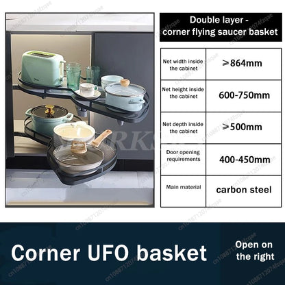 Gabinete de cocina y canasta de esquina de almacenamiento Estante para platos de condimentos incorporado Estante para platos extraíble completamente abierto y giratorio Suministros de almacenamiento