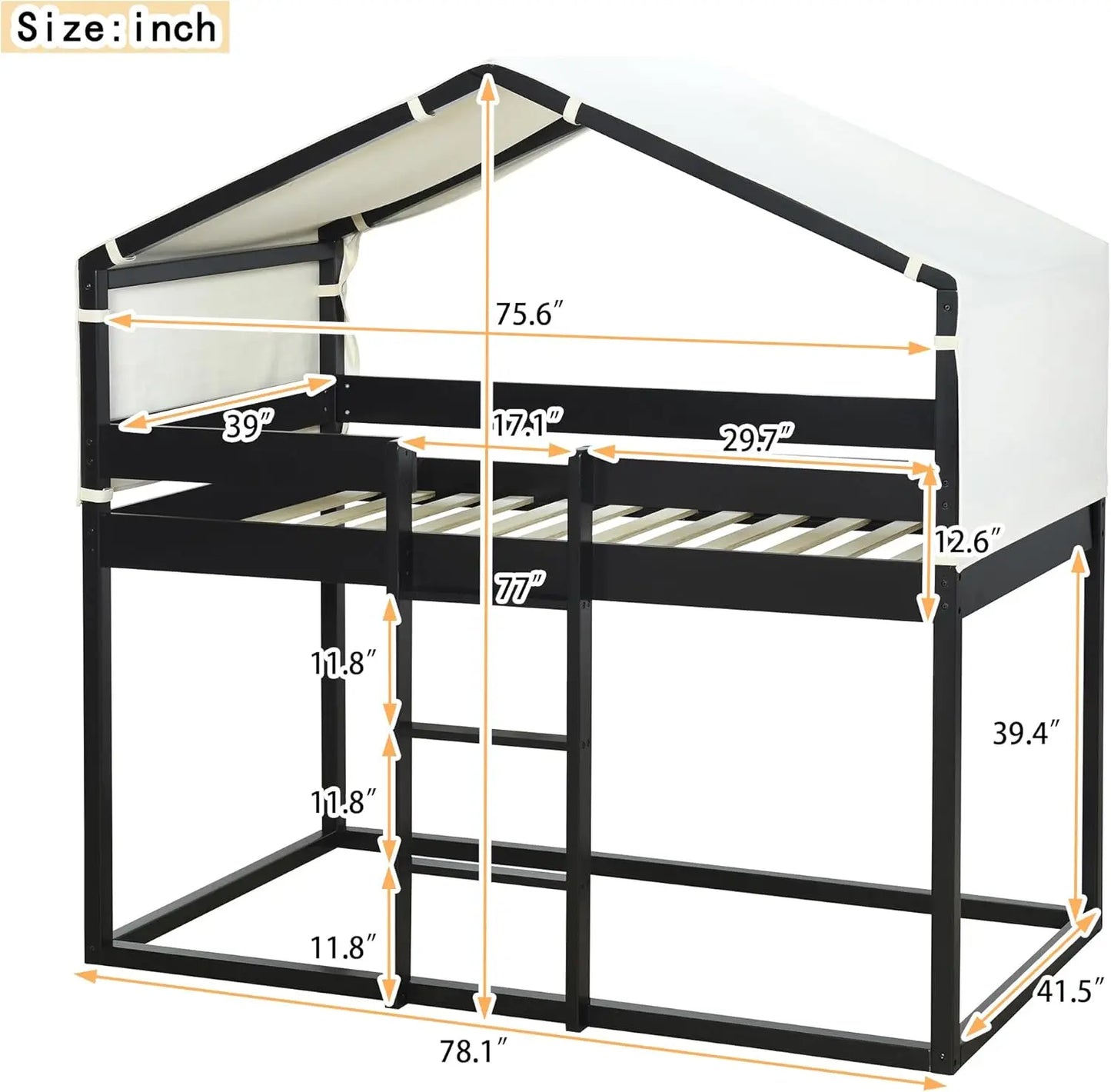 Twin Over Twin Bunk Bed Wood Beds With Tent And Ladder,House-Shaped Solid Pinewood Bed Frame W/Full-Length Guardrails,& Slat