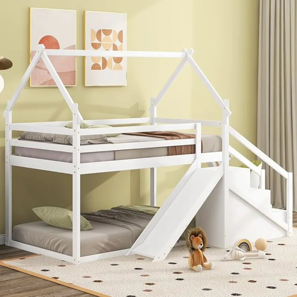 Lit superposé Twin Over Twin House avec toboggan et escalier, cadre de lit mezzanine/superposé en bois massif avec barrières de sécurité pour enfants