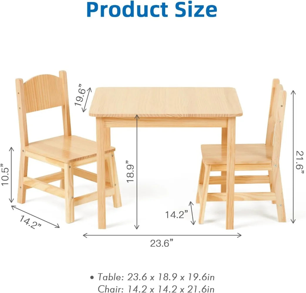 Juego de mesa y sillas de madera maciza para niños, estable y resistente, juego de mesa y 2 sillas para niños pequeños para artes, manualidades, lectura y preescolar