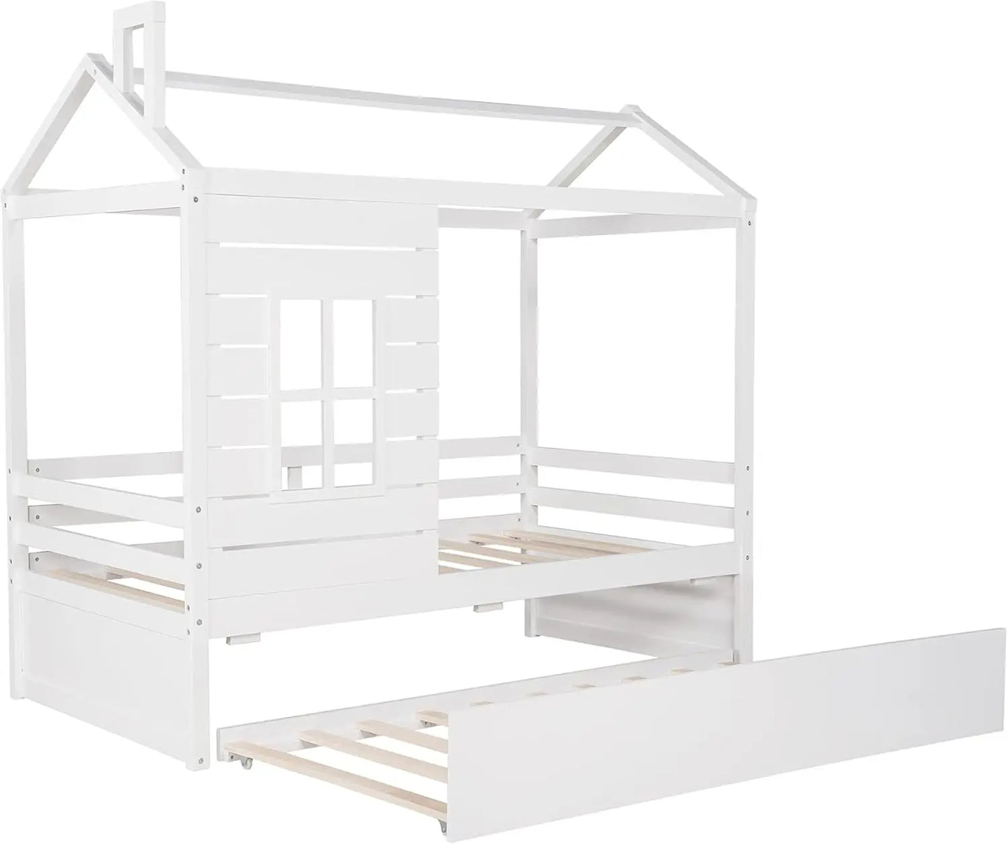 Twin Size House Bed With Twin Size Trundle, Wood Bed Frames With Window And Roof For Kids Girls Boys, White