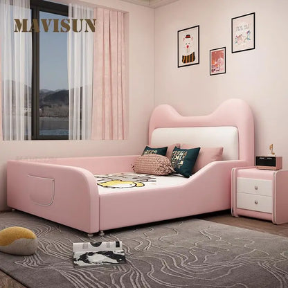 Cama infantil de princesa en color rosa con dibujo de gato para niña, cama individual creativa de cuero de 1,2 a 1,5 metros, cama infantil funcional con barandilla