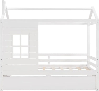 Lit double avec lit gigogne double, cadres de lit en bois avec fenêtre et toit pour enfants filles garçons, blanc