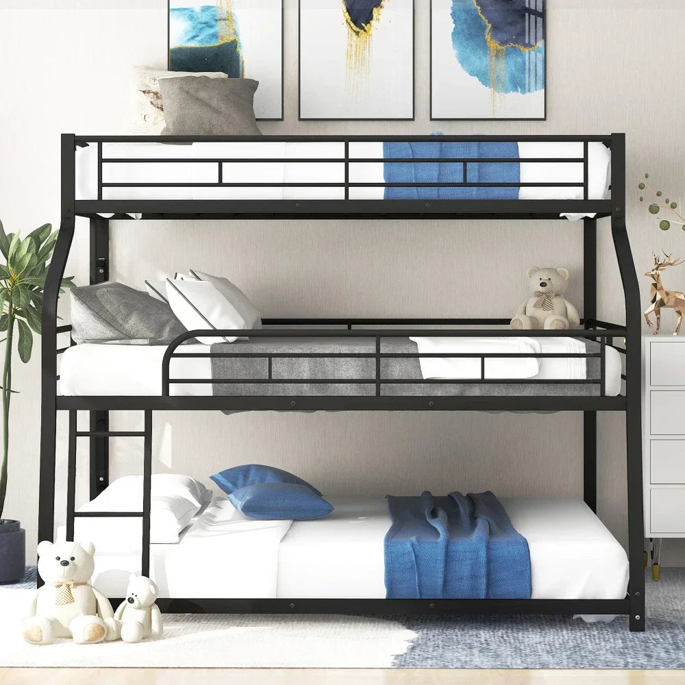 Cama litera doble tamaño queen con escalera larga y corta y barandillas de longitud completa, color negro, para niños, muebles para niños