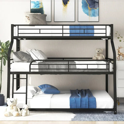 Cama litera doble tamaño queen con escalera larga y corta y barandillas de longitud completa, color negro, para niños, muebles para niños