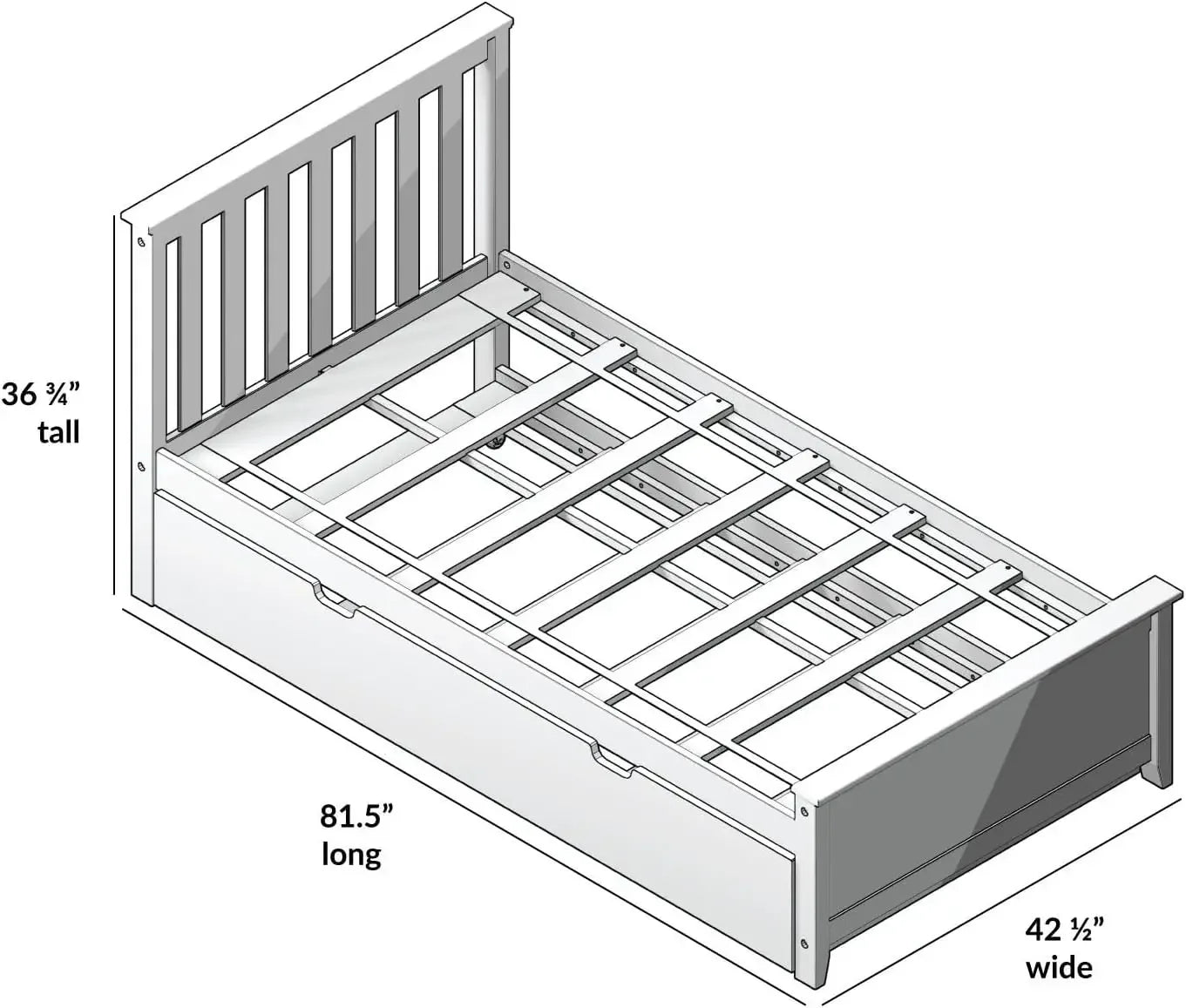 Cama individual, estructura de madera con cabecero para niños con cama nido, listones, color azul