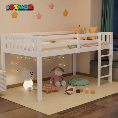 Lit mezzanine simple avec cadre de lit bas pour petits enfants, petite chambre/chambre à plafond bas avec garde-corps et échelle, blanc