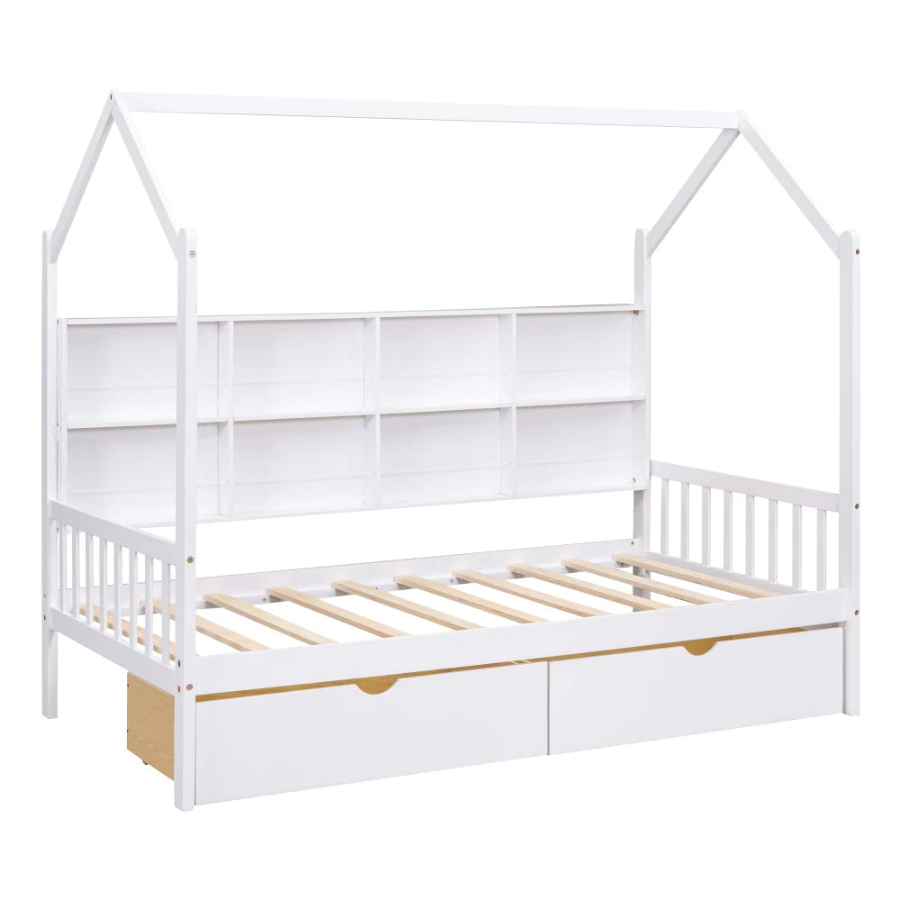 Lit double en bois avec 2 tiroirs, lit pour enfants avec étagère de rangement, un meilleur environnement de sommeil et un gain de place