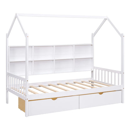 Lit double en bois avec 2 tiroirs, lit pour enfants avec étagère de rangement, un meilleur environnement de sommeil et un gain de place