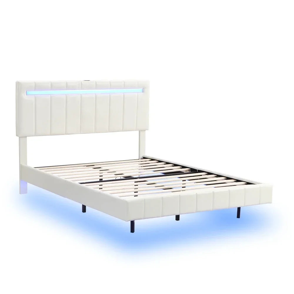 Cadre de lit flottant Queen Size avec lumières LED et chargement USB, cadre de lit à plate-forme rembourré moderne à LED, conception sans bruit