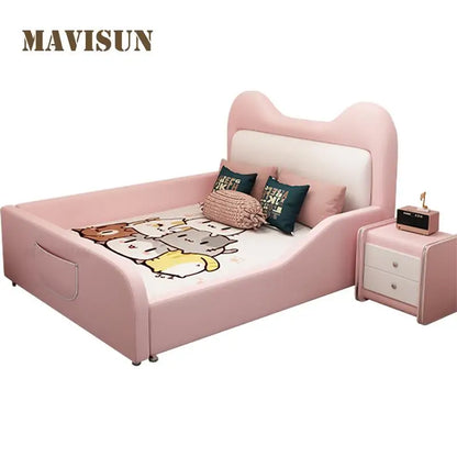 Cama infantil de princesa en color rosa con dibujo de gato para niña, cama individual creativa de cuero de 1,2 a 1,5 metros, cama infantil funcional con barandilla