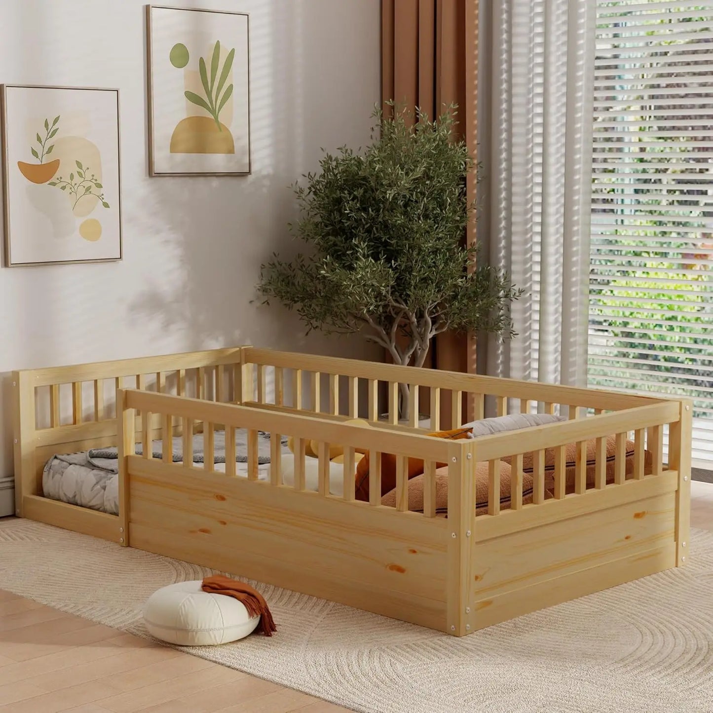 Lit au sol pour tout-petits avec barrière de sécurité, lit au sol pour maison de jeu avec barrières hautes pour chambre d'enfants, lit Montessori avec bois massif robuste