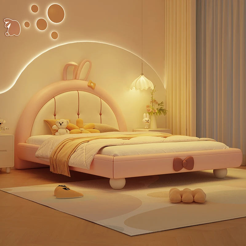 Cama doble suave de princesa para niñas, diseño moderno de lujo, marcos de cama para niños que ahorran espacio, muebles de dormitorio para bebés con iluminación