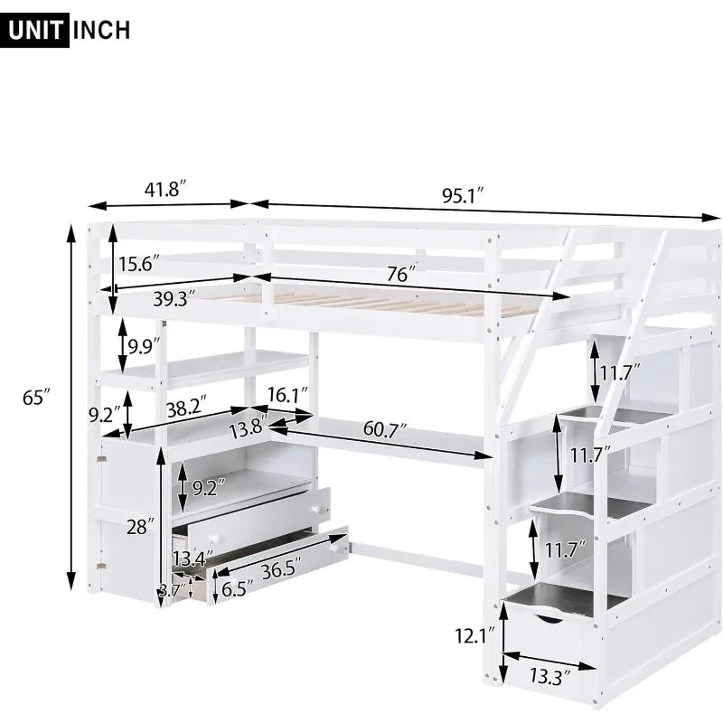 Lit mezzanine double avec bureau en L, étagères, tiroirs à deux niveaux et escalier de rangement, blanc