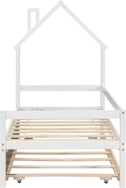 Lit de repos en forme de maison avec lit gigogne pour chambre d'enfants garçons filles, lit plateforme Montessori avec tête de lit et garde-corps de longueur, sans boîte