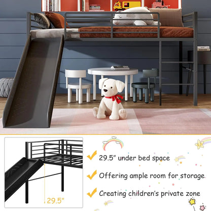 Twin Loft Bed with Slide, Metal Low Bunk Bed w/Safety Guardrails & Built-in Ladder, Toddler Bed Floor Frame for Boys & Girls, No