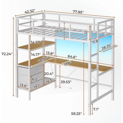 Lit mezzanine double avec bureau en L, lumières LED, station de charge Cadre de lit mezzanine LED avec 3 étagères de rangement et 3 tiroirs en tissu