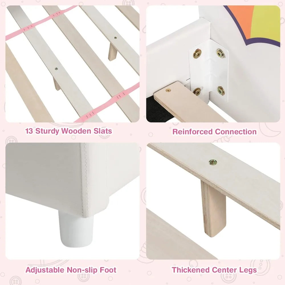 Twin Bed Frames for Kids, Wood Upholstered Twin Bed Platform with Slat Support, Padded Headboard&Footboard