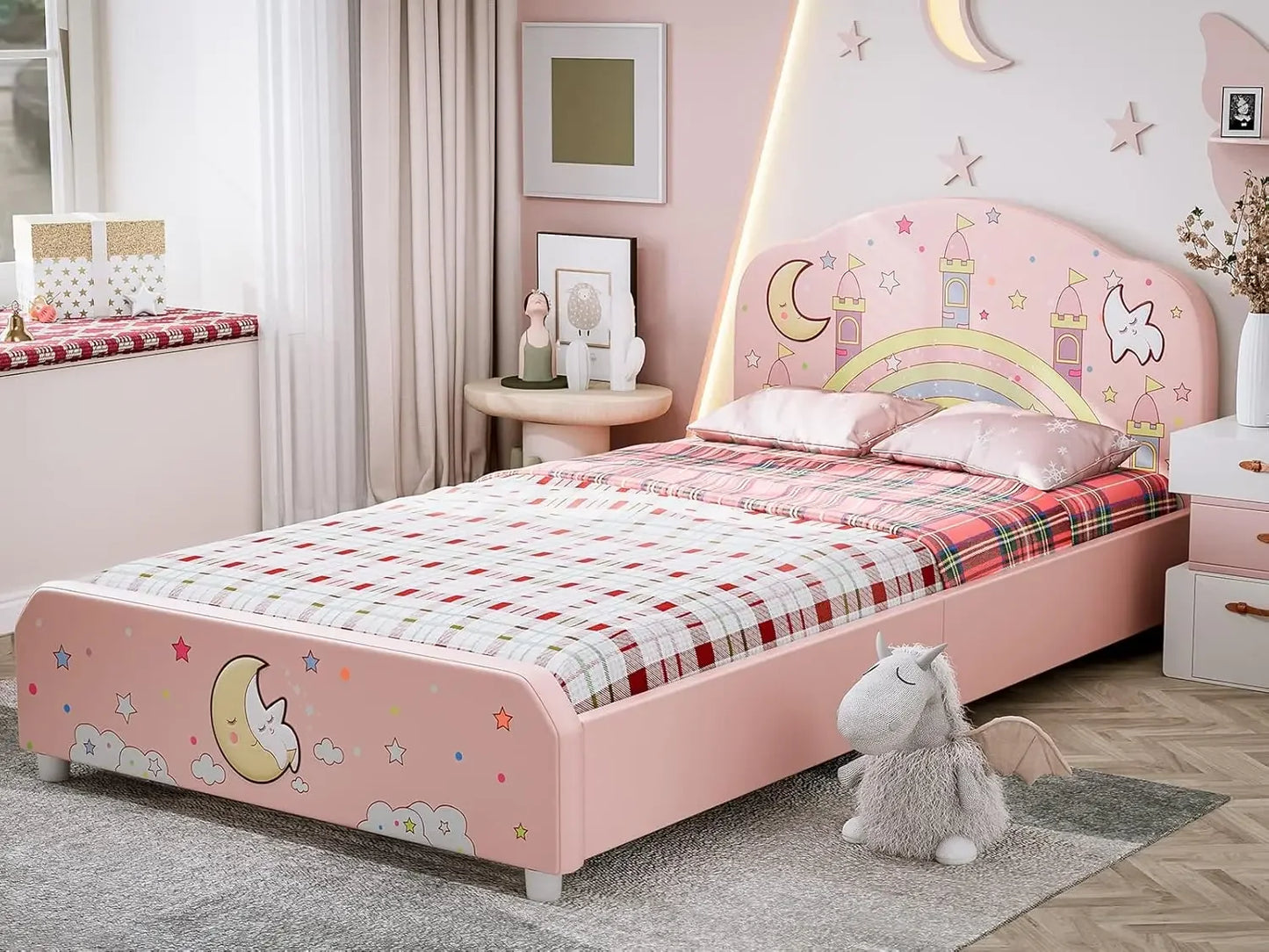 Cama infantil de tamaño doble, estructura de cama tapizada con plataforma doble y cabecera curva, cama infantil de princesa rosa