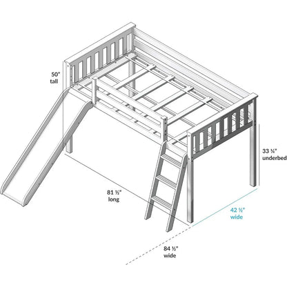 Lit mezzanine bas, cadre de lit double pour enfants avec toboggan et rideaux pour le bas, design moderne et épuré. Il y a un espace de jeu disponible pour les lits