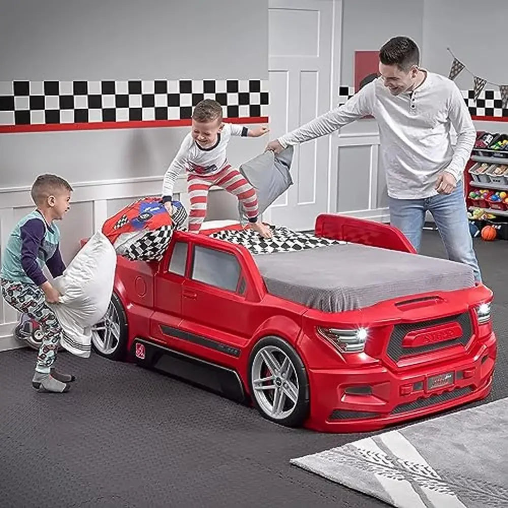 Twin Size Turbocharged Truck Car Bed with Working Headlights & Built-In Storage Boys & Girls Pretend Play Area Realistic Design