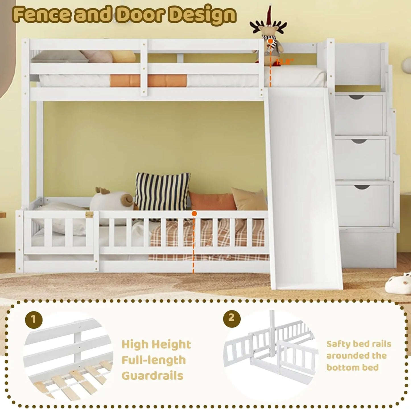 Litera doble sobre cama matrimonial con escalera de almacenamiento y tobogán, cama de madera multifuncional con barandillas y puerta inferior para niños, color blanco