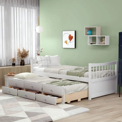 Twin Captain's Bed, Twin Daybed with Trundle and 3 Storage Drawers,  Twin Platform Bed Frame  for Kids Teens Adults